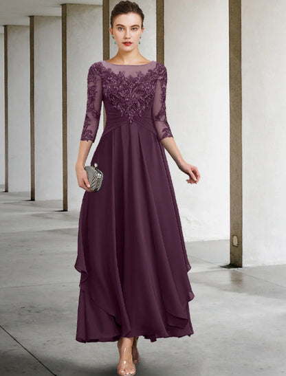 A-Line Mother of the Bride Dress Appliques Fall Wedding Guest Elegant Scoop Neck Ankle Length Chiffon Lace Sequin 3/4 Length Sleeve with Ruched