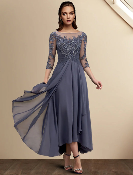 A-Line Mother of the Bride Dress Wedding Guest Elegant High Low Jewel Neck Asymmetrical Tea Length Chiffon Lace 3/4 Length Sleeve with Sequin Appliques Fall