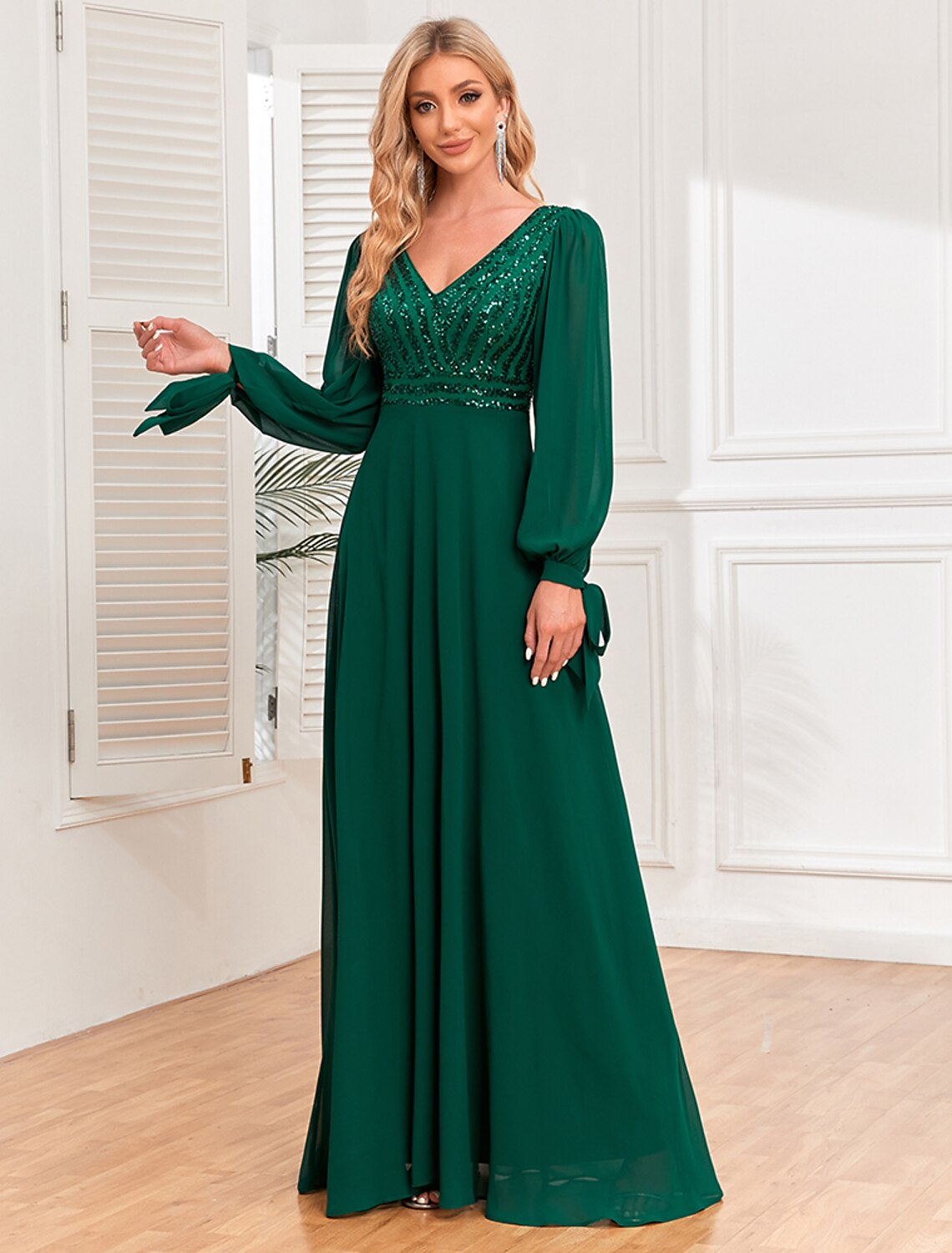 A-Line Evening Gown Elegant Dress Evening Party Wedding Reception Floor Length Long Sleeve V Neck Fall Wedding Guest Chiffon V Back with Sequin