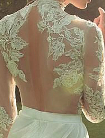 Beach Wedding Dresses A-Line High Neck Long Sleeve Court Train Chiffon Bridal Gowns