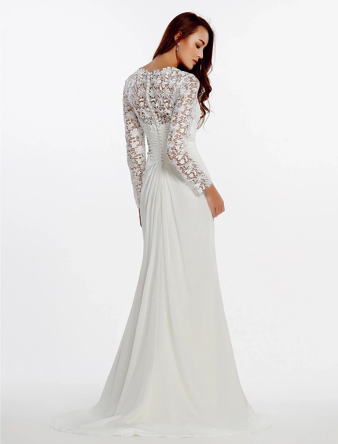beach Boho Wedding Dresses Sheath / Column V Neck Long Sleeve Sweep / Brush Train Chiffon Bridal Gowns With Lace Buttons