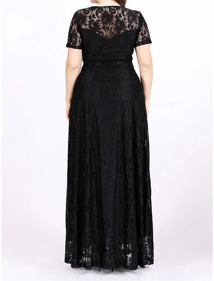 Women's Plus Size Black Dress Prom Dress Party Dress Long Dress Maxi Dress Black White Short Sleeve Plain Lace Summer Spring Fall Crew Neck Elegant Wedding Guest Birthday Evening Party