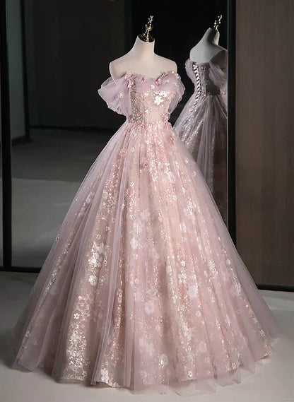 A-line Pink Off Shoulder Sweetheart Lace and Tulle Prom Dress