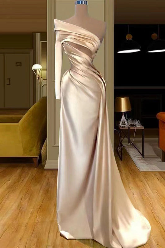 One Shoulder Long Sleeves Champagne Prom Dress Mermaid