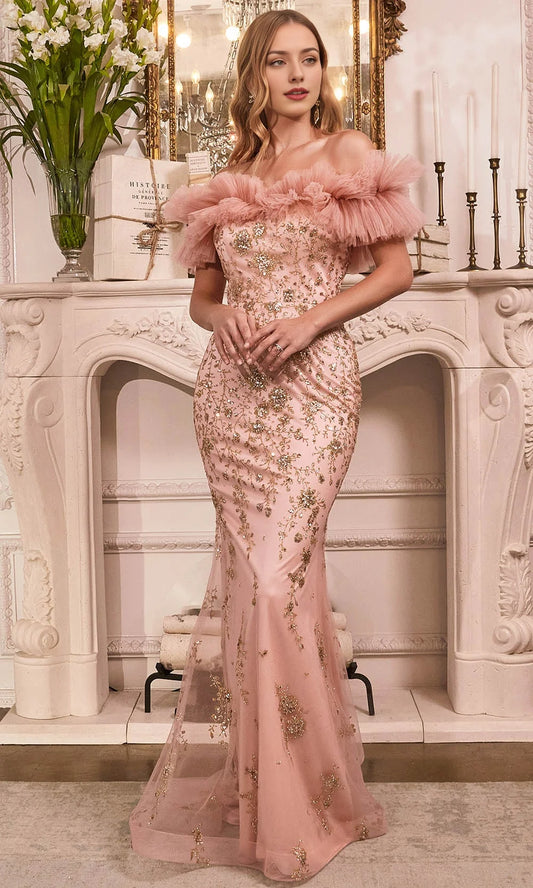 Glamorous Gold‑Glitter Tulle Mermaid Off‑Shoulder Ruffle‑Tulle Floral‑Embroidery Floor‑Length Evening Dresses