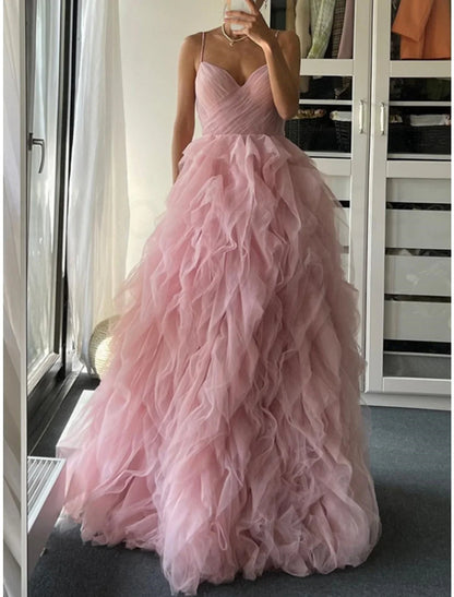 A-Line Spaghetti Straps Long Prom Dresses