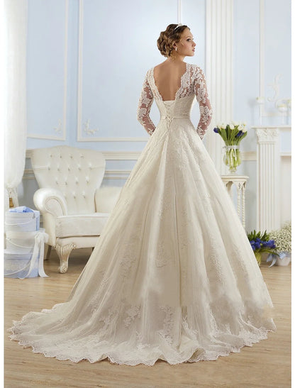 Engagement Formal Wedding Dresses Ball Gown Illusion Neck Long Sleeve Court Train Lace Bridal Gowns With Appliques