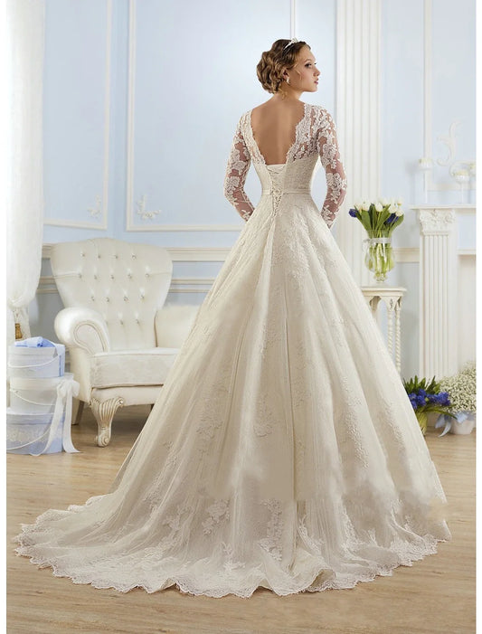 Engagement Formal Wedding Dresses Ball Gown Illusion Neck Long Sleeve Court Train Lace Bridal Gowns With Appliques