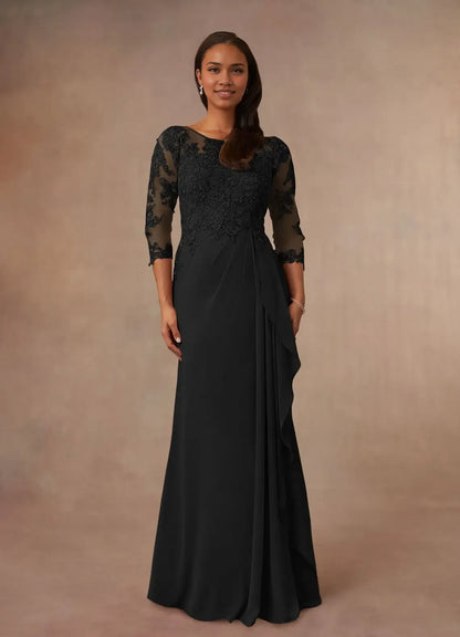 Dress Champagne A-Line Scoop Chiffon Mother Of The Bride Evening Dress Elegant Ruffle Three-Quarter Sleeve V Back Plus Size Mother Of The Bride Dress