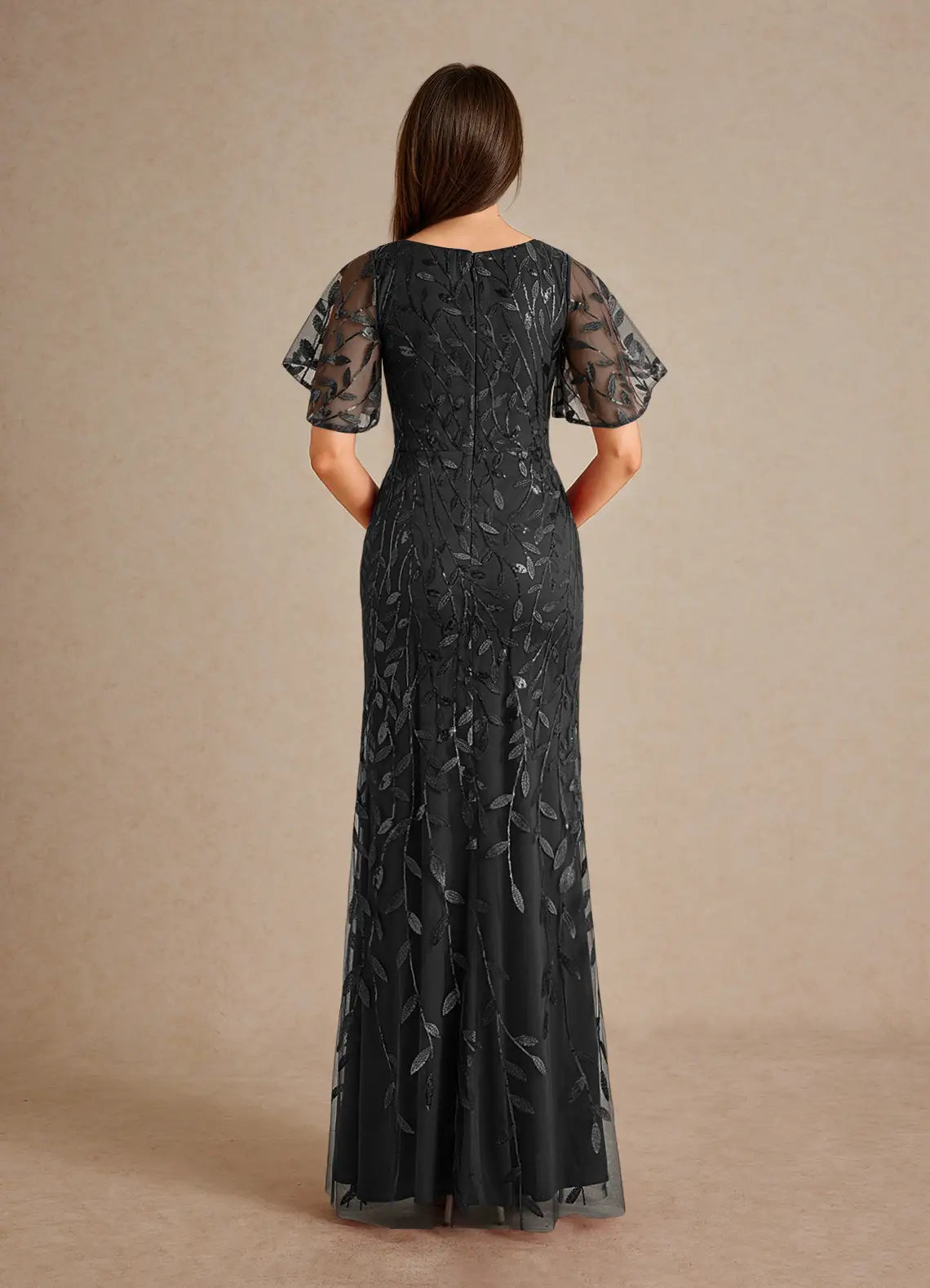 Dress Champagne Sheath Sequins Mother of the Groom Dresses Elegant V-Neck Flutter Sleeves Tulle Evening Dress