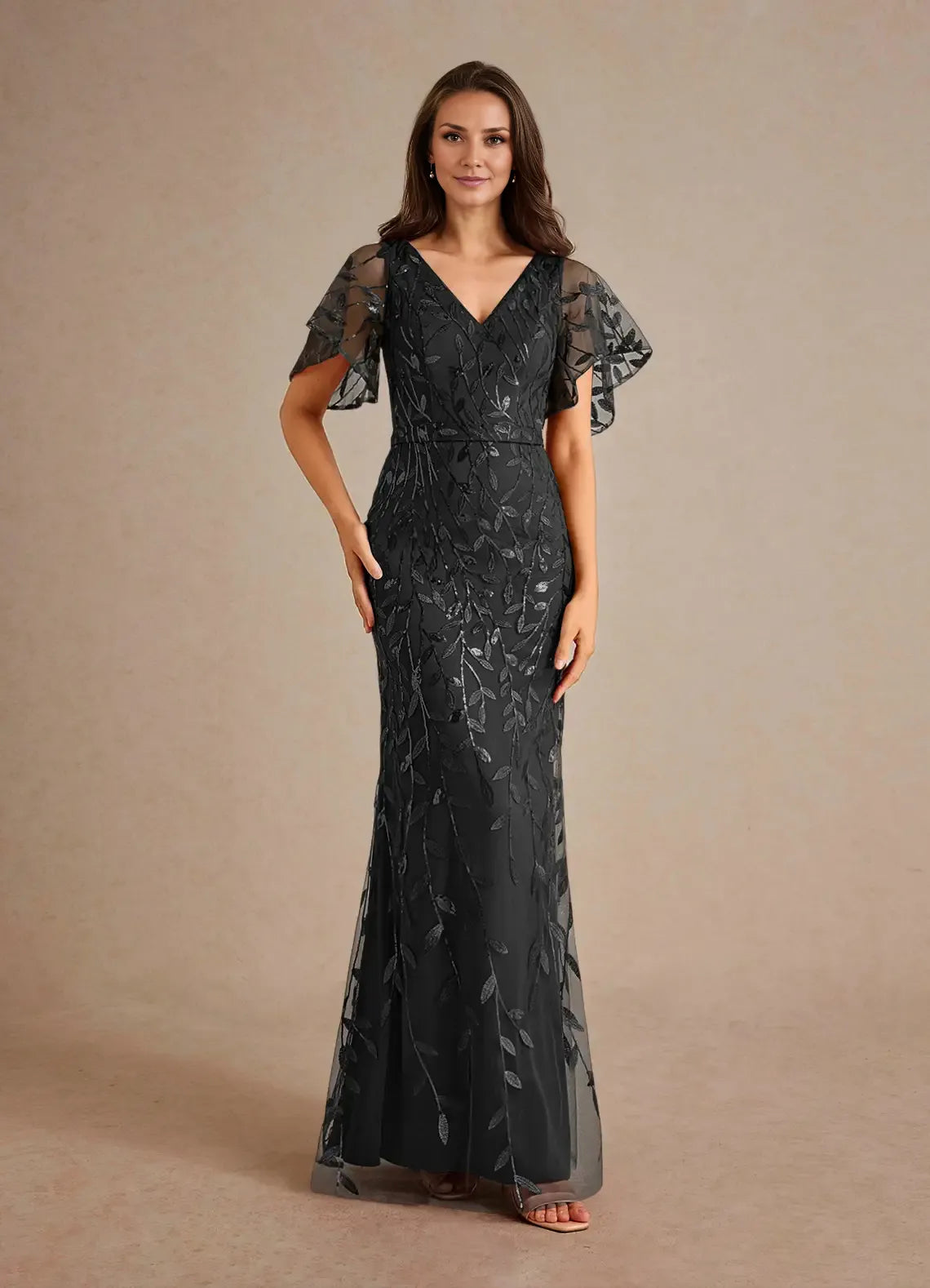 Dress Champagne Sheath Sequins Mother of the Groom Dresses Elegant V-Neck Flutter Sleeves Tulle Evening Dress