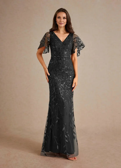 Dress Champagne Sheath Sequins Mother of the Groom Dresses Elegant V-Neck Flutter Sleeves Tulle Evening Dress