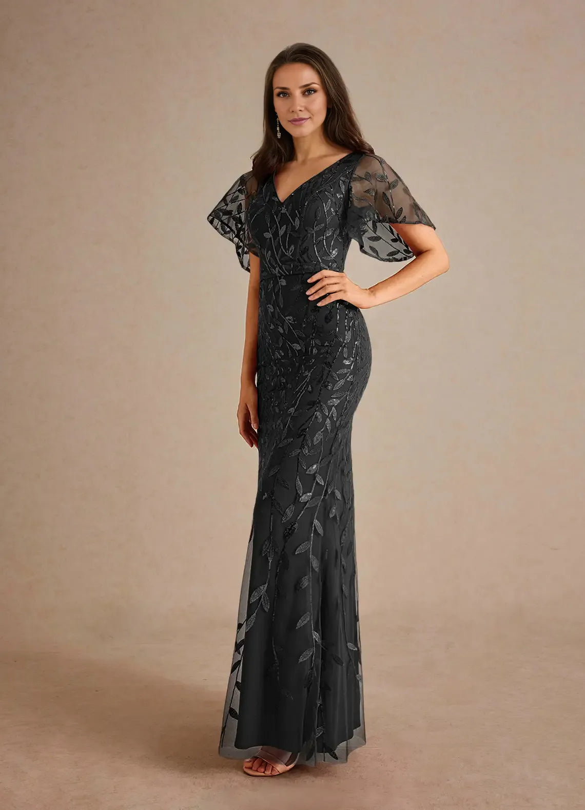 Dress Champagne Sheath Sequins Mother of the Groom Dresses Elegant V-Neck Flutter Sleeves Tulle Evening Dress