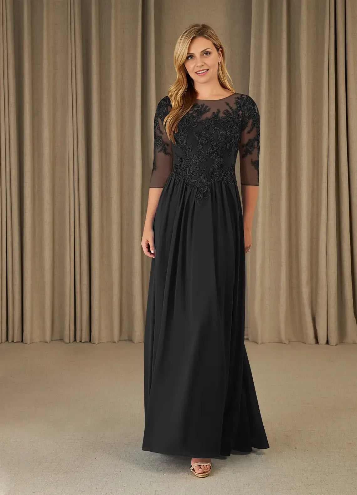 Dress Plum Scoop Lace Chiffon A-Line Mother Of The Bride Evening Dress Fashion Three-Quarter Sleeve Back Zip Plus Size Mother Of The Groom Dresses