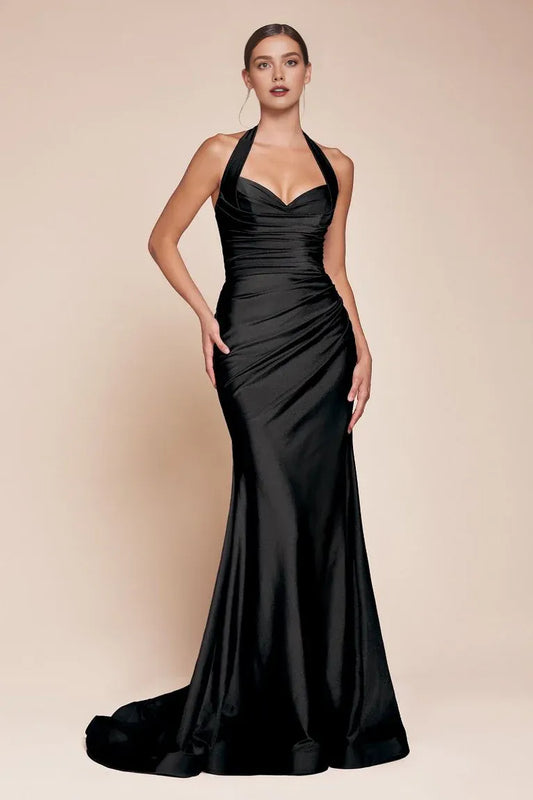 Dress Black Satin Gown Halter Neck & Mermaid Silhouette For Timeless Elegance Prom Dress