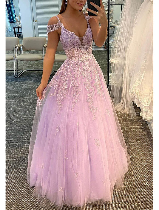 A-Line Evening Dresses Empire Dress Formal Wedding Guest Floor Length Sleeveless V Neck Tulle Backless