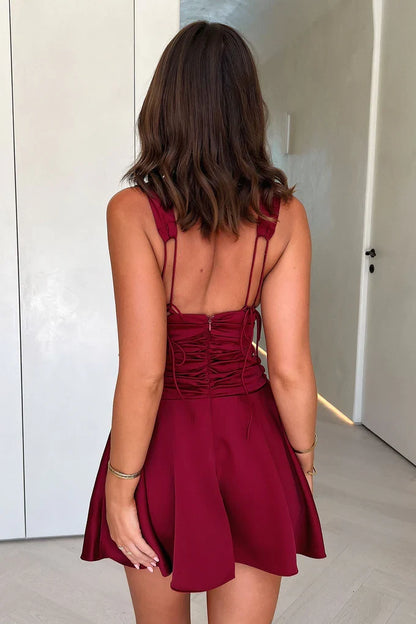 Simple A-Line V Neck Sleeveless Backless Satin Short-Mini Homecoming Dress