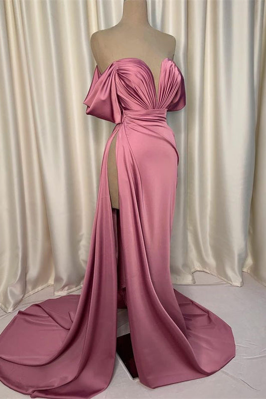 Dusty Pink Off-the-shoulder V neck Slit Mermaid Prom Dress