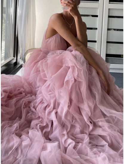 A-Line Spaghetti Straps Long Prom Dresses