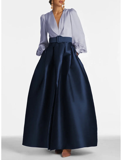 A-Line Satin Green Dress Formal Wedding Guest Dress Elegant Evening Gown High Split Pocket Long Sleeve Floor Length Color Block V Neck Belt