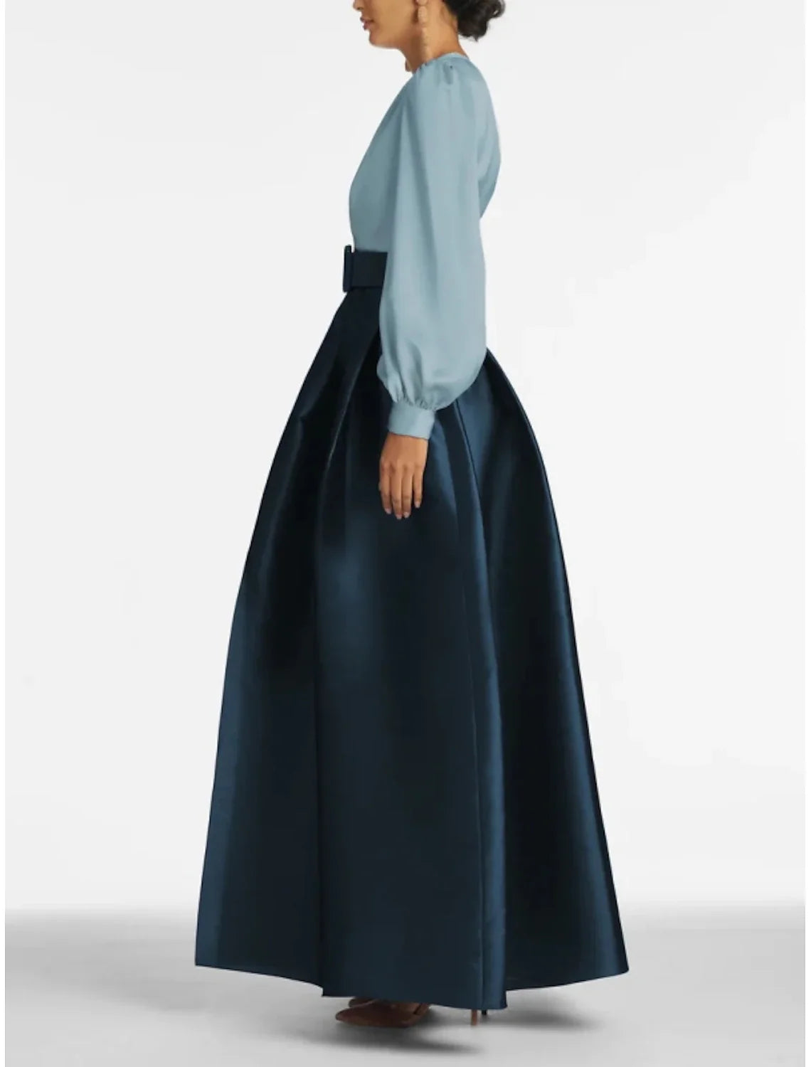 A-Line Satin Green Dress Formal Wedding Guest Dress Elegant Evening Gown High Split Pocket Long Sleeve Floor Length Color Block V Neck Belt