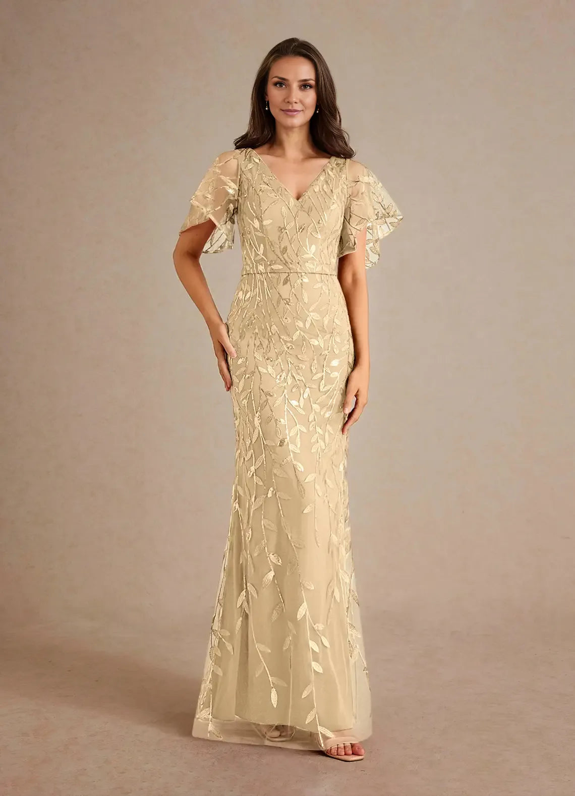 Dress Champagne Sheath Sequins Mother of the Groom Dresses Elegant V-Neck Flutter Sleeves Tulle Evening Dress