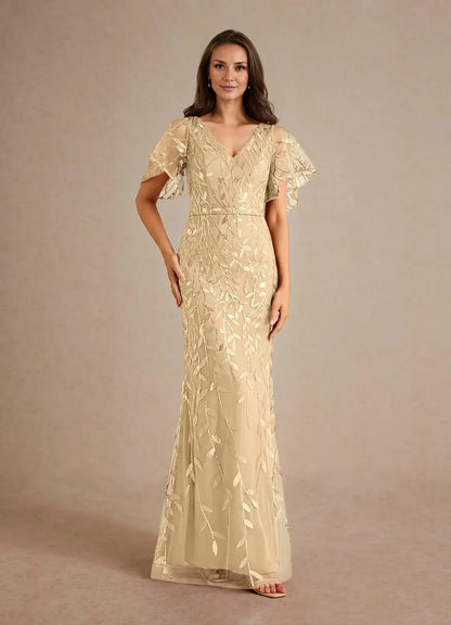 Dress Champagne Sheath Sequins Mother of the Groom Dresses Elegant V-Neck Flutter Sleeves Tulle Evening Dress