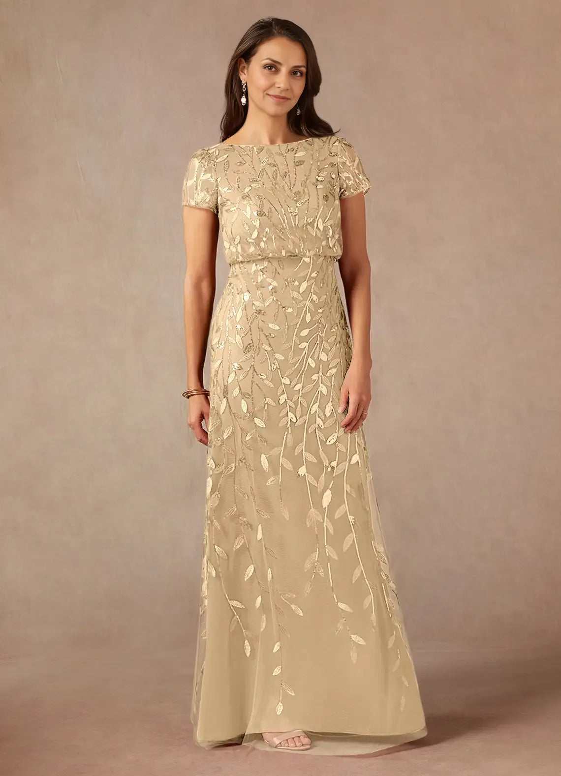 Dress Dark Navy A-Line Sequins Maxi Dress Elegant Boat Neck Short Sleeves Back Zip Mother of the Bride Dress