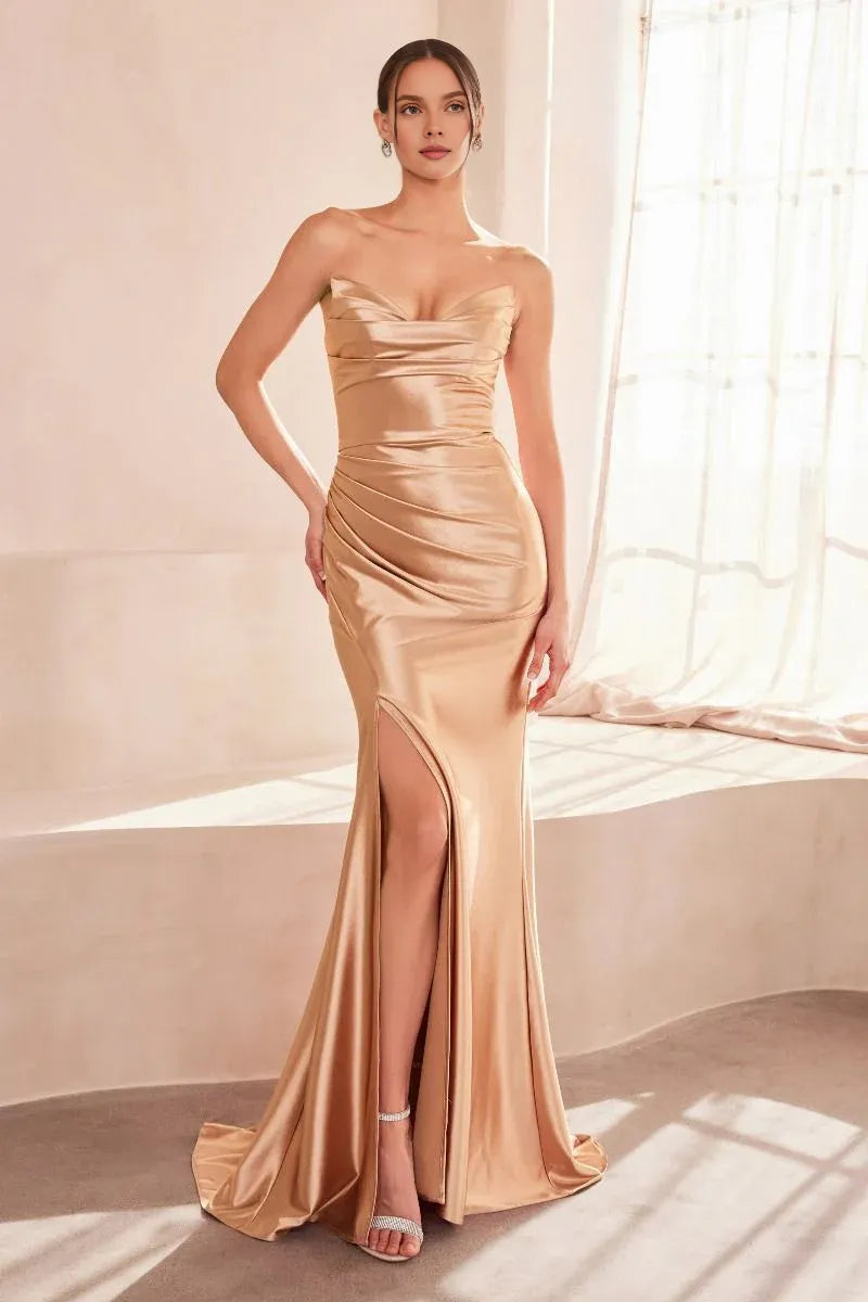 Dress Strapless Fitted Slit Long Formal Evening Mermaid/Trumpet Sweep/Brush Train Prom Dress
