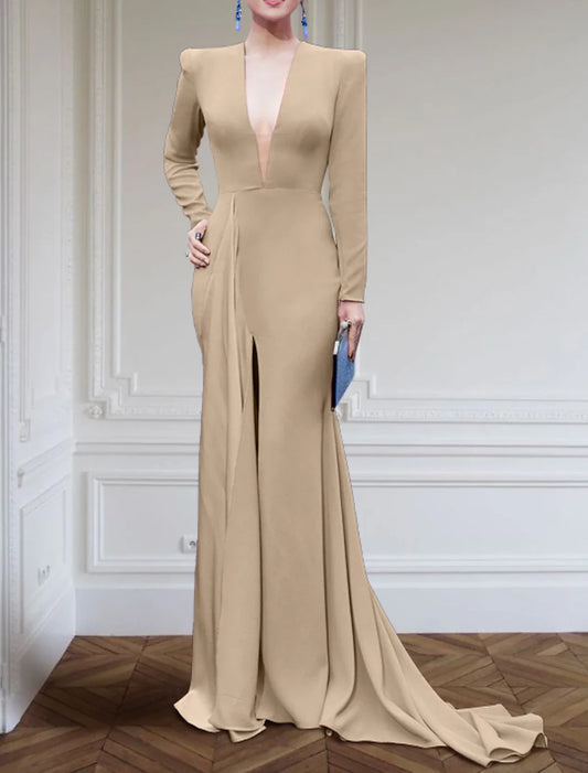 A-Line Evening Gown Elegant Black Champagne Dress Dress Formal Sweep / Brush Train Long Sleeve V Neck Stretch Fabric