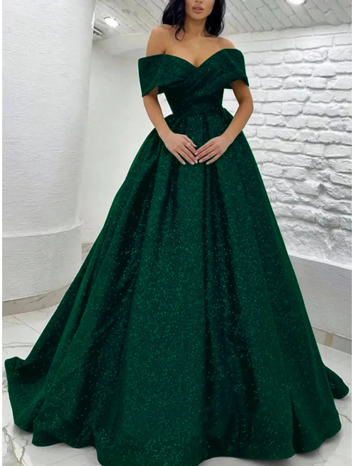 A-Line Prom Dresses Elegant Dress Black Tie Gala Sweep / Brush Train Short Sleeve Off Shoulder Sequined