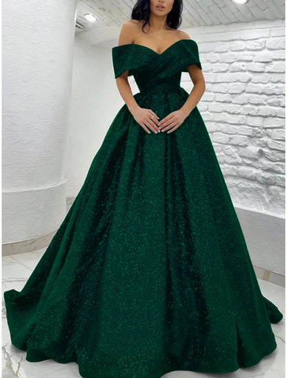 A-Line Prom Dresses Elegant Dress Black Tie Gala Sweep / Brush Train Short Sleeve Off Shoulder Sequined