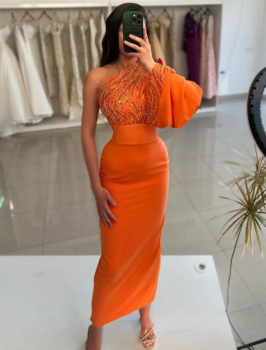 Sheath / Column Evening Gown Elegant Dress Formal Prom Floor Length Long Sleeve One Shoulder Satin