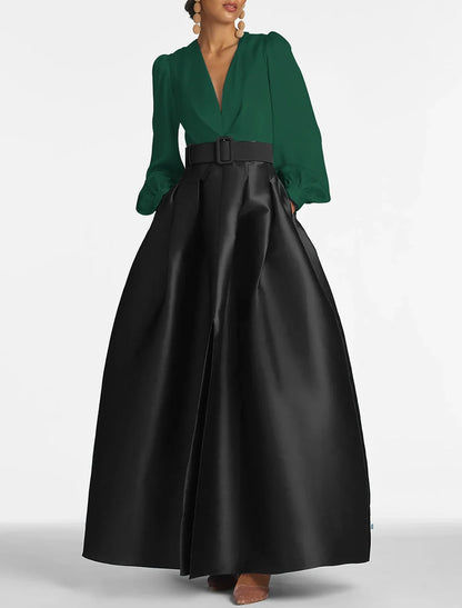 A-Line Satin Green Dress Formal Wedding Guest Dress Elegant Evening Gown High Split Pocket Long Sleeve Floor Length Color Block V Neck Belt