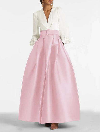 A-Line Satin Green Dress Formal Wedding Guest Dress Elegant Evening Gown High Split Pocket Long Sleeve Floor Length Color Block V Neck Belt