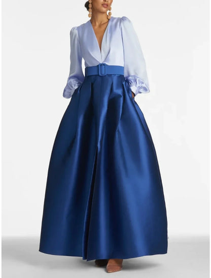 A-Line Satin Green Dress Formal Wedding Guest Dress Elegant Evening Gown High Split Pocket Long Sleeve Floor Length Color Block V Neck Belt