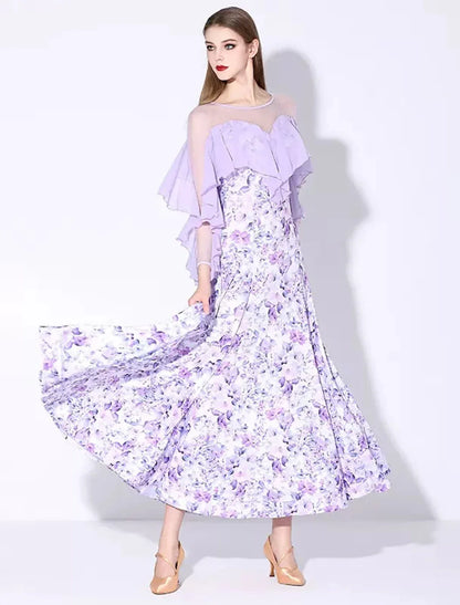 Ballroom Dance Dress Printing Ruffles Women's Performance Party Long Sleeve Polyester Mesh