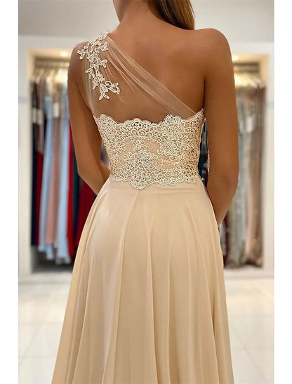 A-Line Evening Dresses Sexy Dress Formal Wedding Guest Court Train Sleeveless One Shoulder Chiffon