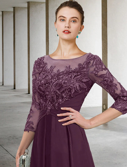 A-Line Mother of the Bride Dress Appliques Fall Wedding Guest Elegant Scoop Neck Ankle Length Chiffon Lace Sequin 3/4 Length Sleeve with Ruched