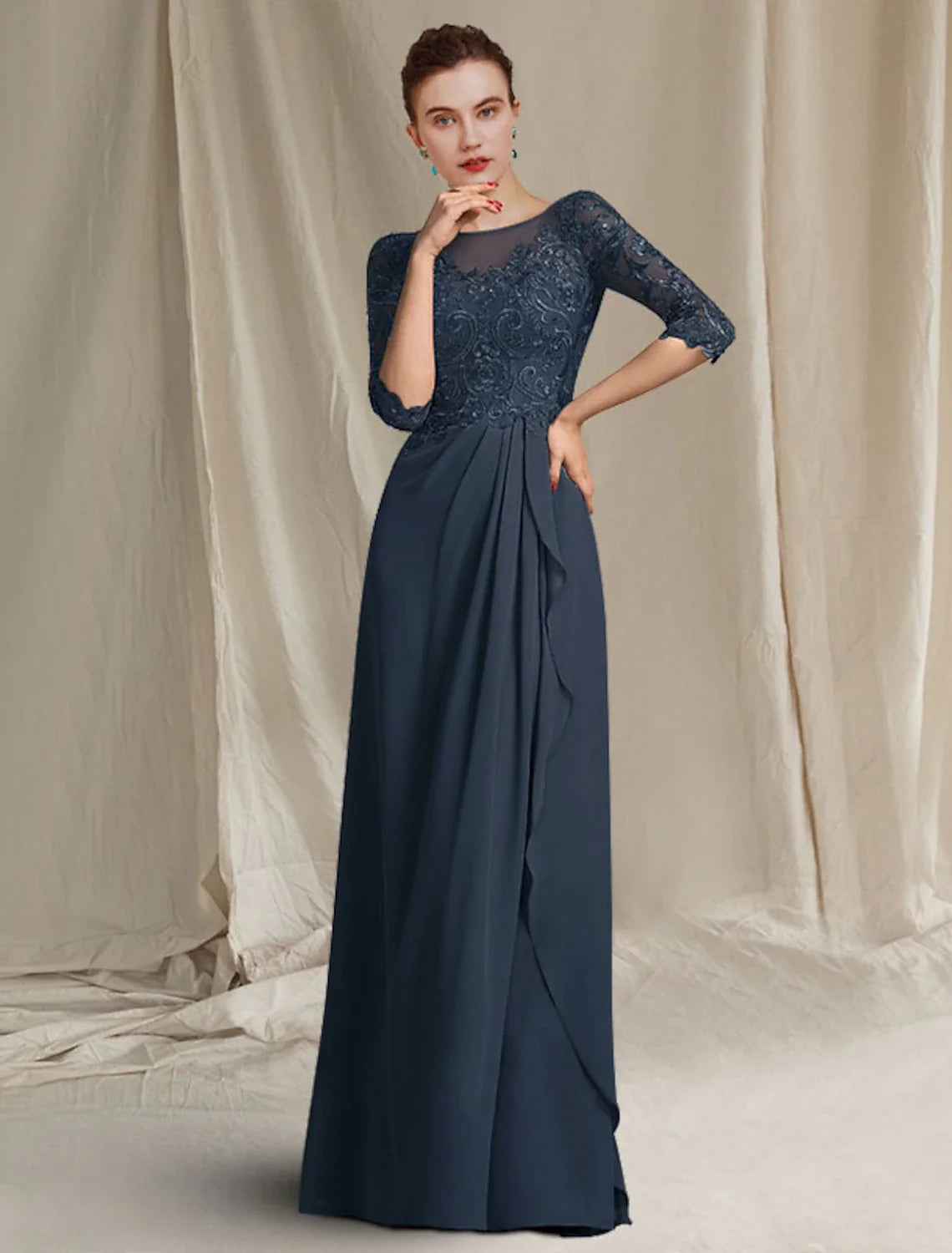 A-Line Mother of the Bride Dress Elegant V Neck Floor Length Chiffon Lace Half Sleeve with Draping Appliques