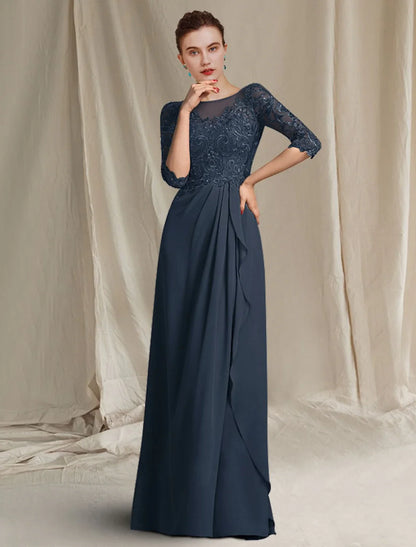 A-Line Mother of the Bride Dress Elegant V Neck Floor Length Chiffon Lace Half Sleeve with Draping Appliques