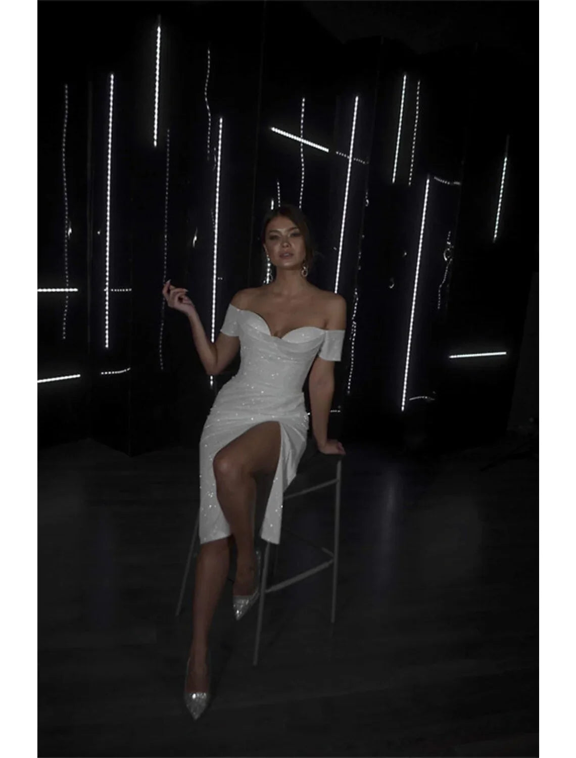 Bachelorette Party Sparkle & Shine Little White Dresses Wedding Dresses Sheath / Column Off Shoulder Cap Sleeve Tea Length Sequined Bridal Gowns