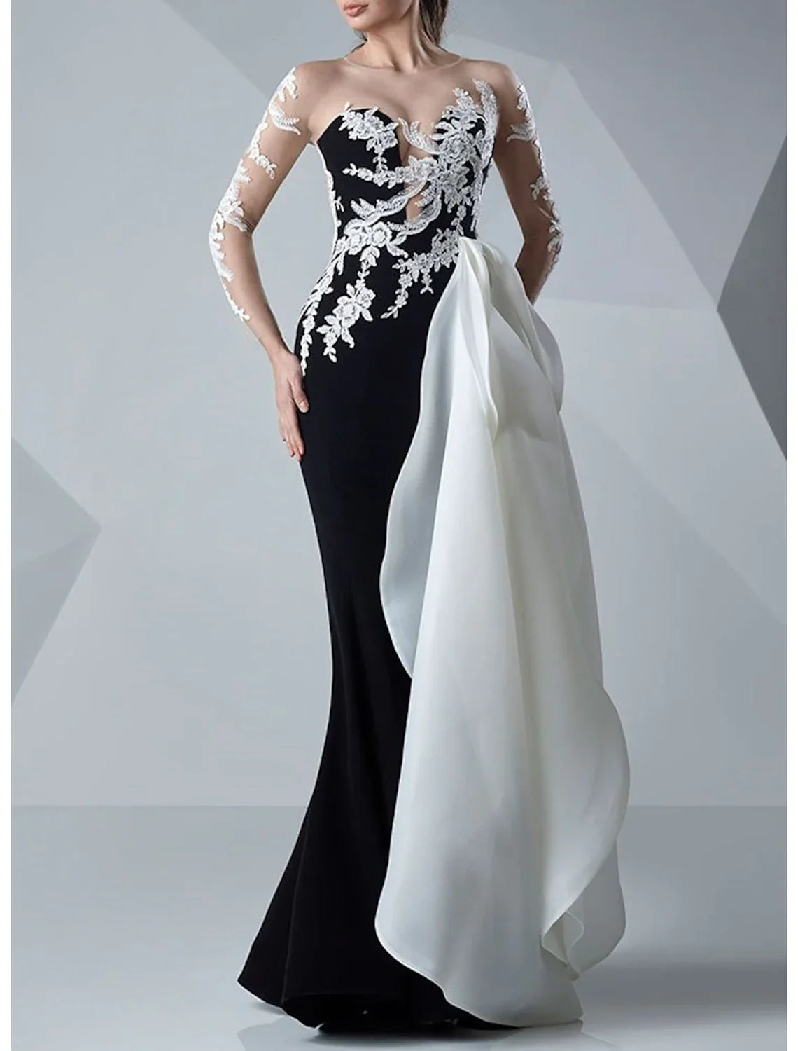 Mermaid / Trumpet Evening Gown Color Block Dress Formal Wedding Guest Floor Length Long Sleeve Jewel Neck Satin