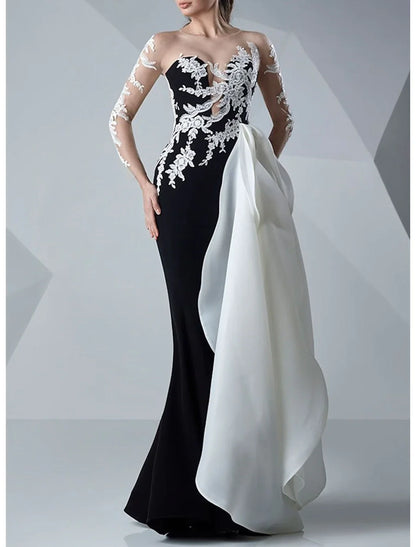 Mermaid / Trumpet Evening Gown Color Block Dress Formal Wedding Guest Floor Length Long Sleeve Jewel Neck Satin