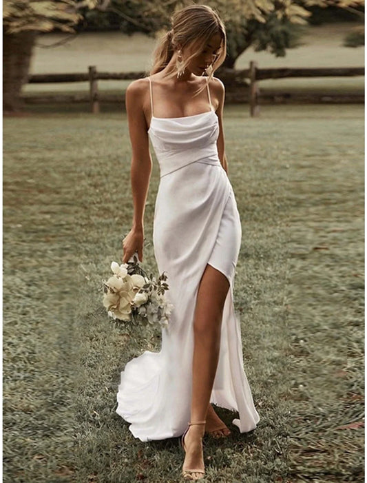 White Satin Mermaid Cowl‑Neck Spaghetti‑Strap Tie‑Back Slit Sweep‑Train Wedding Dress For Garden