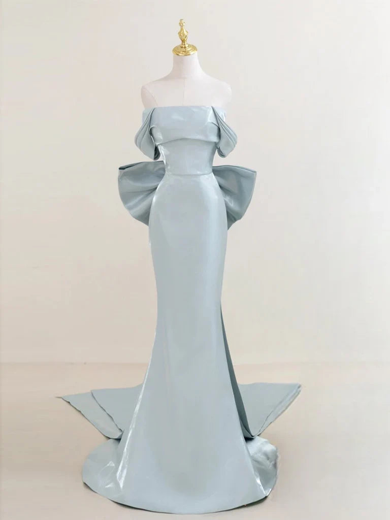 Simple Off Shoulder Satin Blue Long Prom Dress