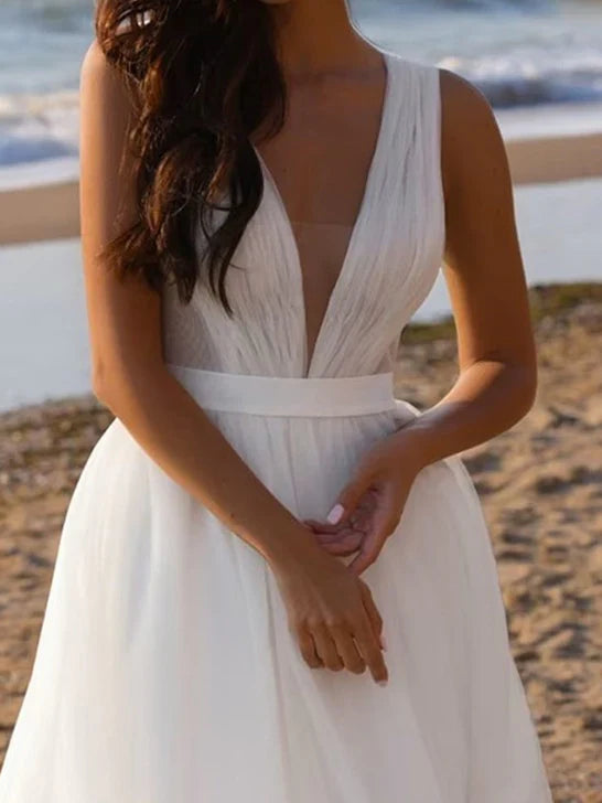 A-Line Deep V-Neck Floor-Length Tulle Wedding Dress