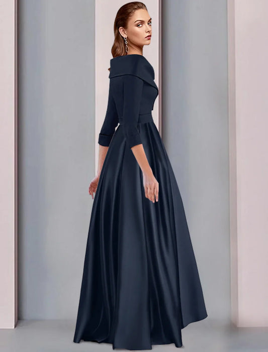 Navy Satin A‑Line Off‑Shoulder Elbow‑Sleeve Pocket High‑Low Mother Of The Bride Dress