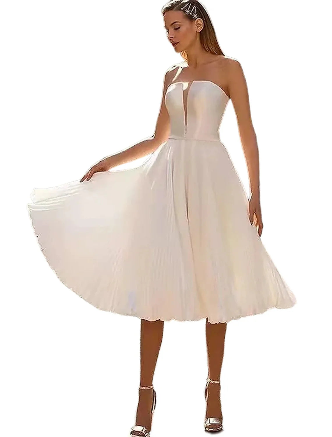 Reception Simple Wedding Dresses Wedding Dresses A-Line Off Shoulder Cap Sleeve Knee Length Tulle Bridal Gowns With Solid Color