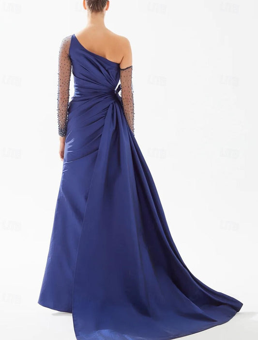 A-Line Evening Gown Black Dress Dress Formal Floor Length Long Sleeve One Shoulder Satin with Bow(s) Beading
